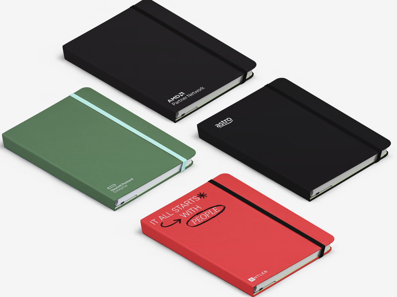 Onboarding kit with notebook and tools: box open, showing contents