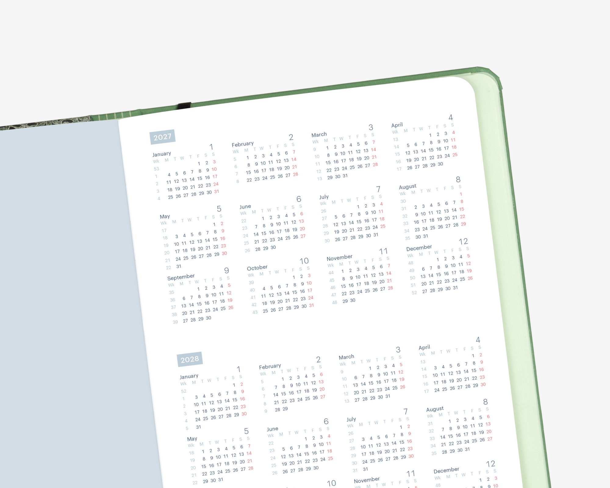 2027 Mossery Planner Dated Section: Two-year yearly calendar overview, 2027 and 2028, across a double page spread