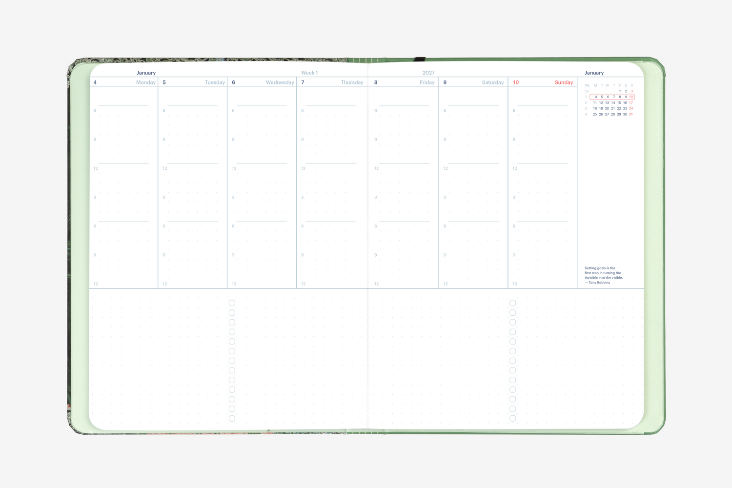 2027 Mossery Planner: Weekly Vertical spread, structured columns for organized weekly planning