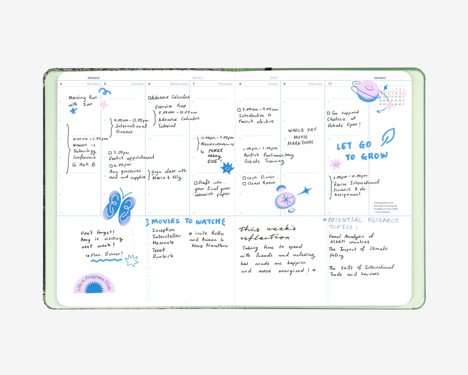 2027 Mossery Planner Weekly Vertical Layout: Hourly overview and checklist columns for organized scheduling