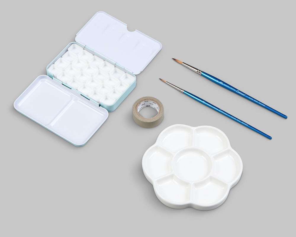 Enamel metal box palette, ceramic palette, Winsor & Newton brushes and MT washi tape