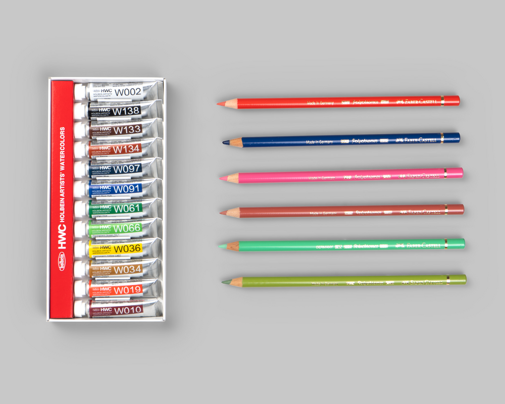 Holbein Artist's Watercolour set of 12 colours and 6 Faber-Castell Polychromos Coloured Pencils