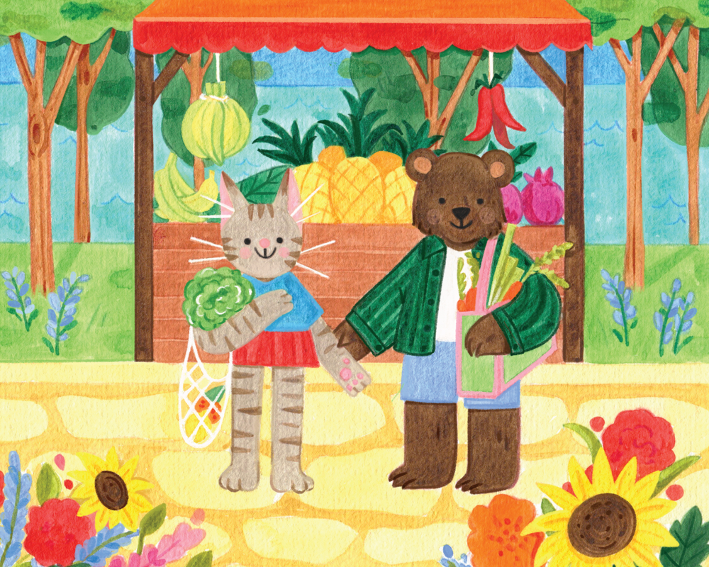 Close-up detail of the Village Market cover artwork by Clémence Guillemaud