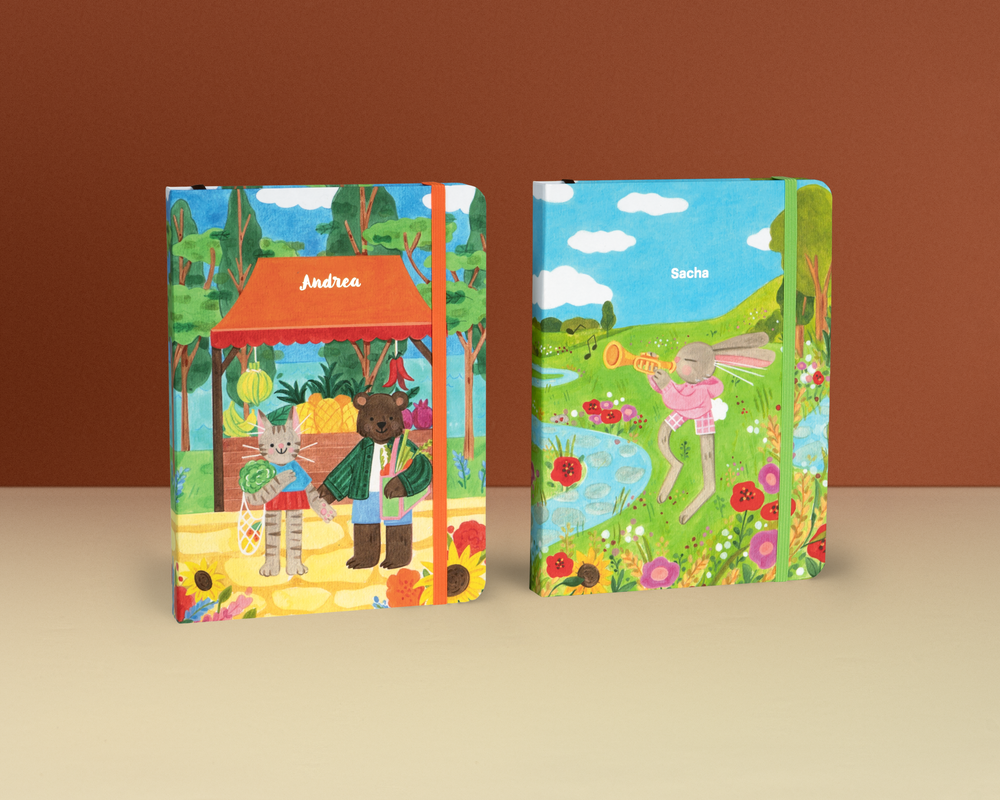 Clémence Guillemaud Art Kit notebook covers: Riverside Serenade and Village Market designs side by side