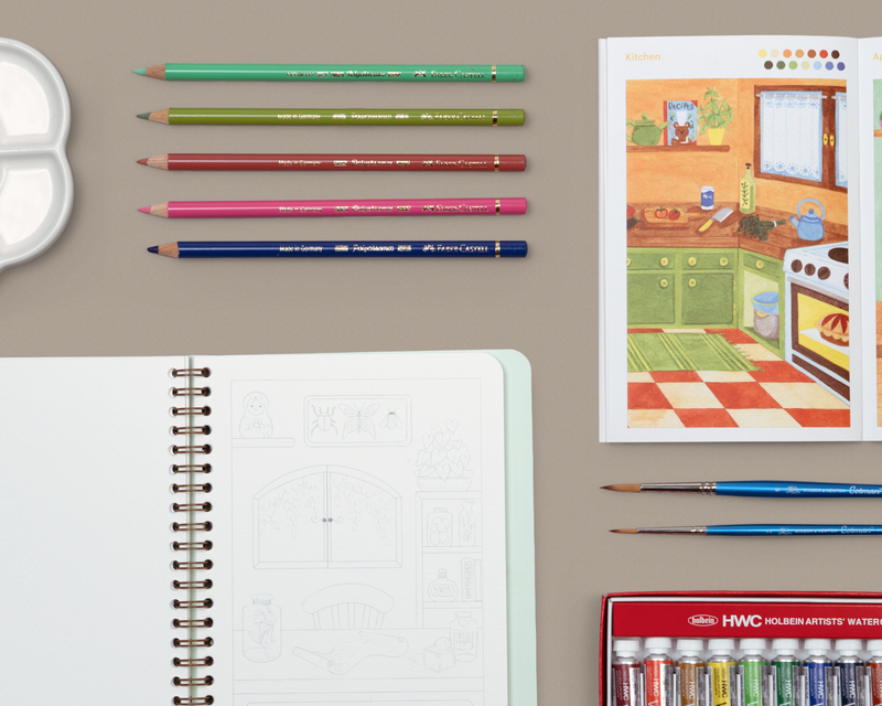 Guidebook spread with colour-mixing guide