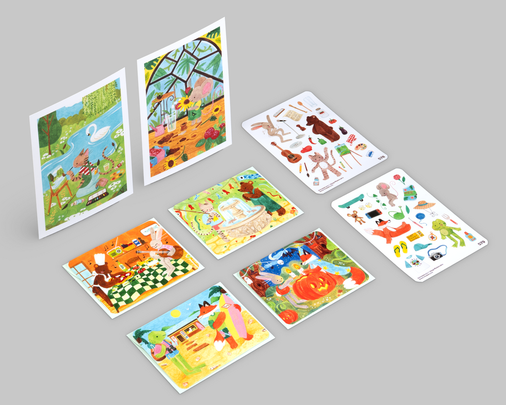 Clémence Guillemaud exclusive merchandise: art prints, notecards and sticker sheets