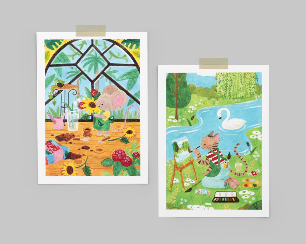 Clémence Guillemaud Art Prints: Artist Cat and Florist Mouse