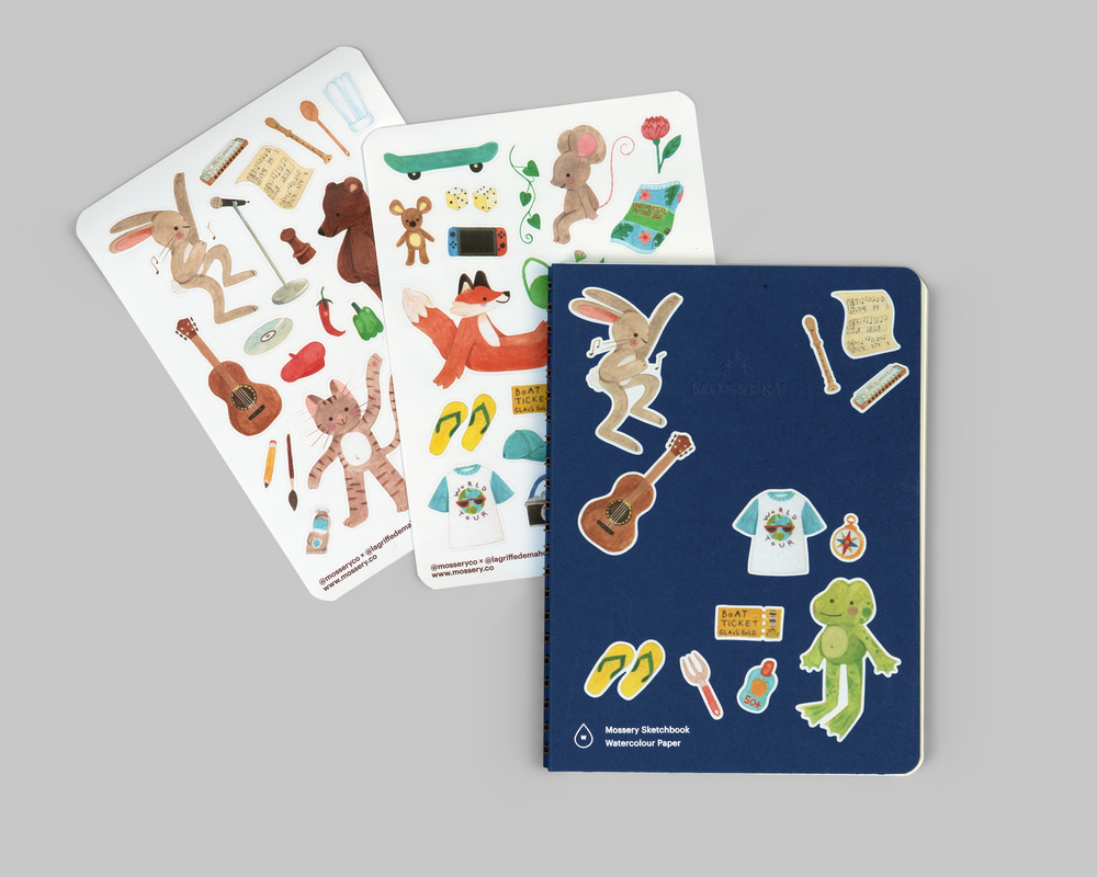 Sketchbook decorated with Clémence Guillemaud stickers