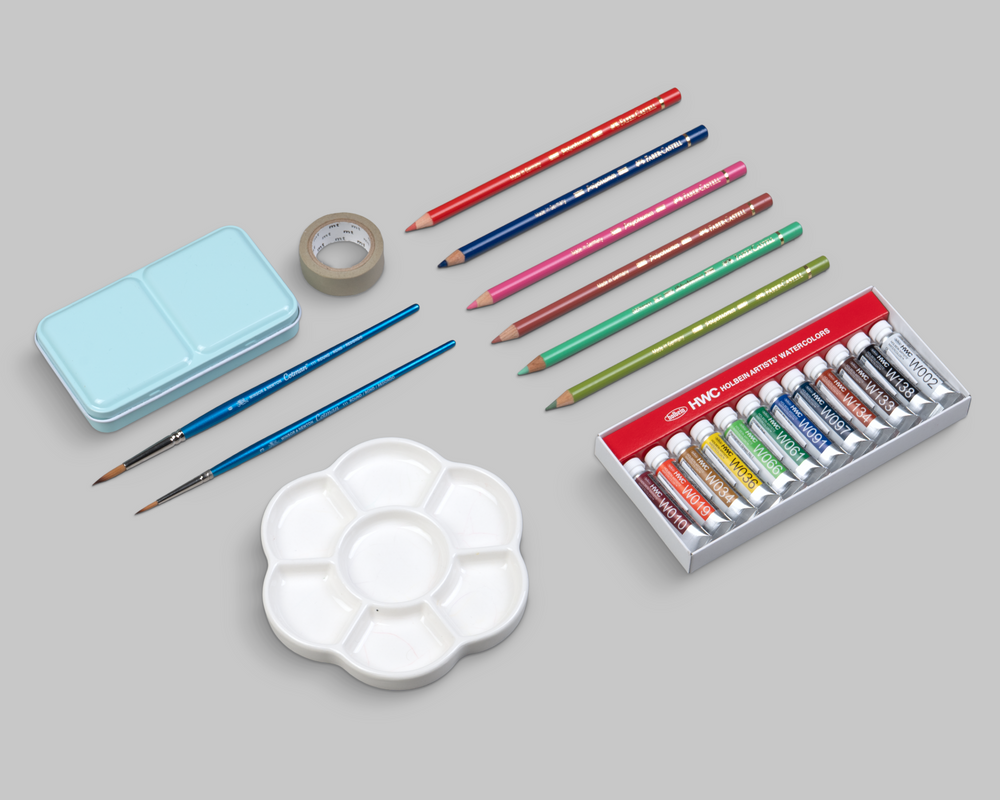 Watercolour art tools included in the Clémence Guillemaud Art Kit