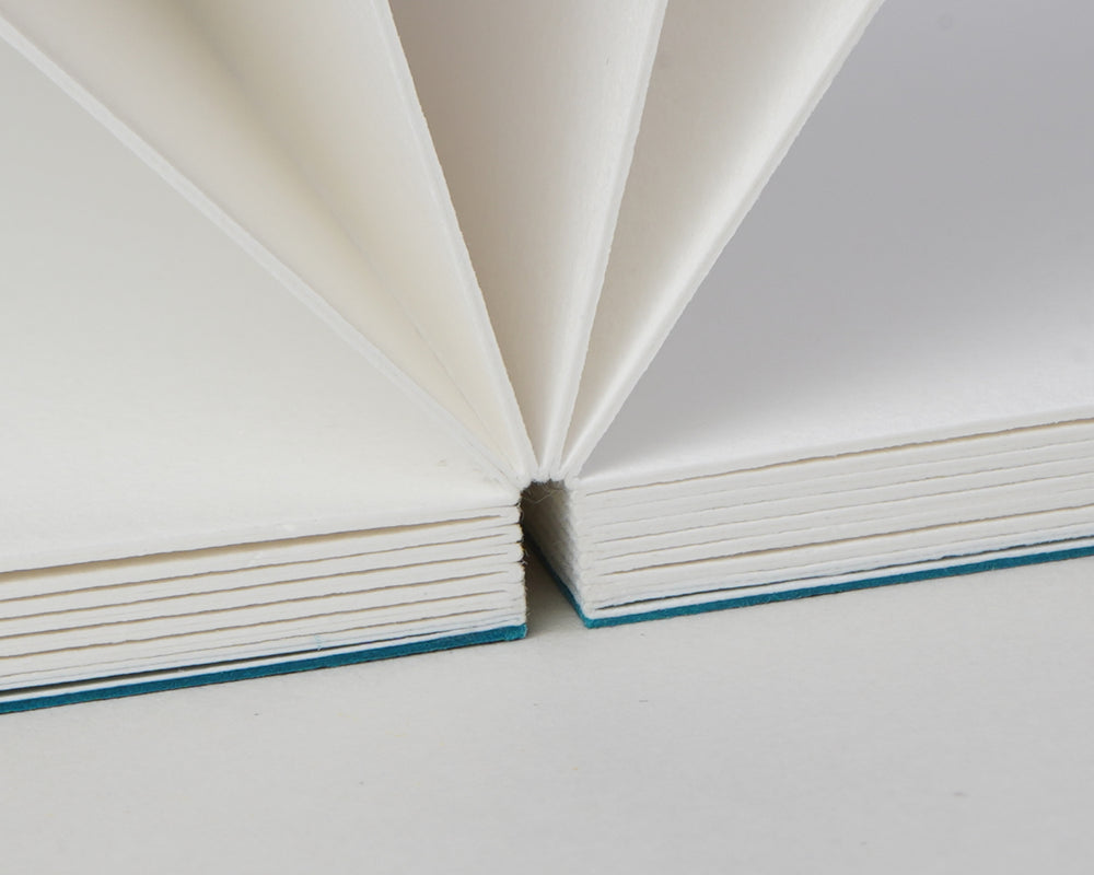 Close-up of the Mossery Layflat Sketchbook binding showing no threads or wires