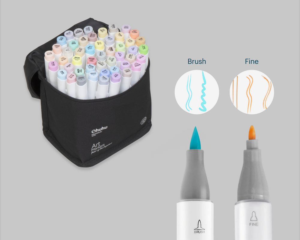 Ohuhu 48 Pastel Colours Alcohol Marker set with brush and fine tips