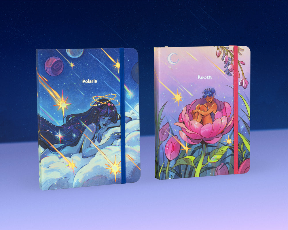 Gretel Lusky Art Kit notebook covers: Starry Dreams and Morning Dew designs side-by-side