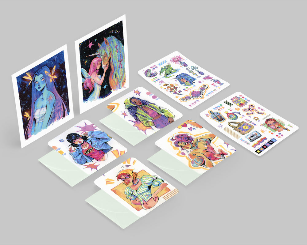 Collection of Gretel Lusky exclusive merchandise including art prints, notecards, and stickers