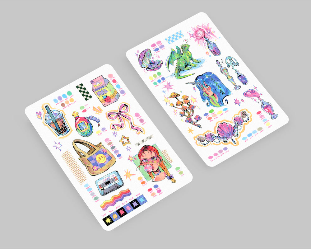 Gretel Lusky sticker sheets featuring various character and fantasy illustrations