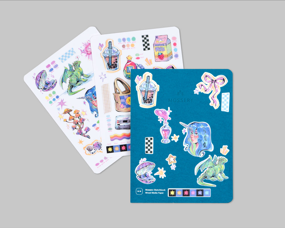 Example of a sketchbook decorated with Gretel Lusky stickers