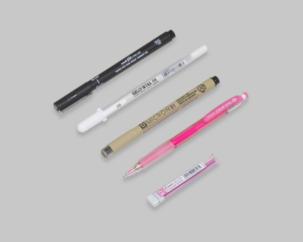 Uni Pin Brush Pen, Sakura Gelly Roll White Pen, Sakura Pigma Micron Pen, Pilot Colour Eno Mechanical Pencil and lead refill